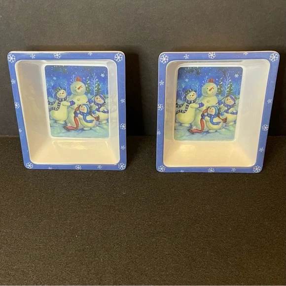 2 Snowman Snack Rectangle Bowls 6 x 5.25 Inches - Picture 2 of 16